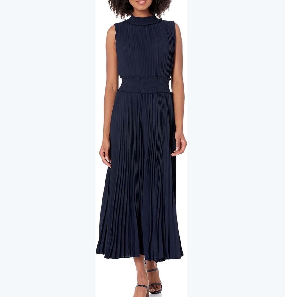 Nanette Lepore Navy Smocked High Neck Sleeveless Pleated Maxi Dress Sz 8 Chiffon